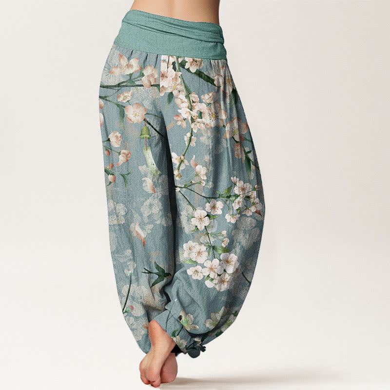 Pantaloni harem da donna con elastico in vita e motivo Buddha Stones in cotone con fiori di pesco e oche volanti - image 1