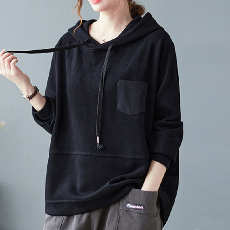 Felpa con cappuccio da donna a maniche lunghe in cotone con tasca decorativa e motivo Buddha Stones Fall Tinta unita - image 18