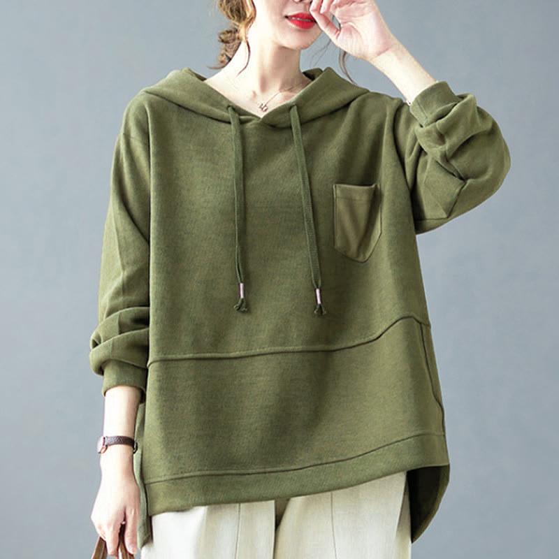 Felpa con cappuccio da donna a maniche lunghe in cotone con tasca decorativa e motivo Buddha Stones Fall Tinta unita - image 14