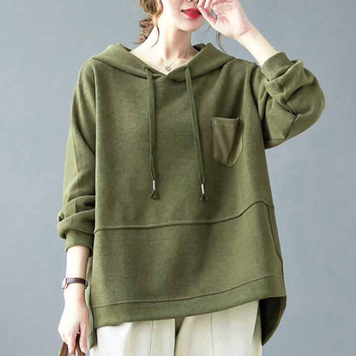 Felpa con cappuccio da donna a maniche lunghe in cotone con tasca decorativa e motivo Buddha Stones Fall Tinta unita - image 14