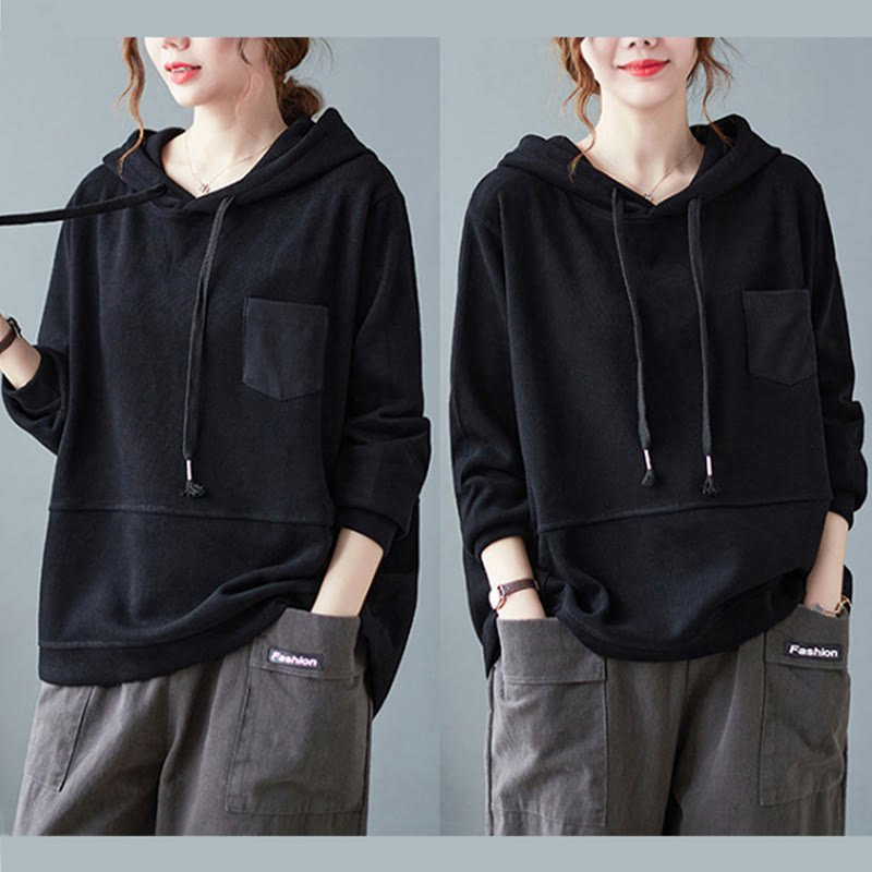 Felpa con cappuccio da donna a maniche lunghe in cotone con tasca decorativa e motivo Buddha Stones Fall Tinta unita - image 24