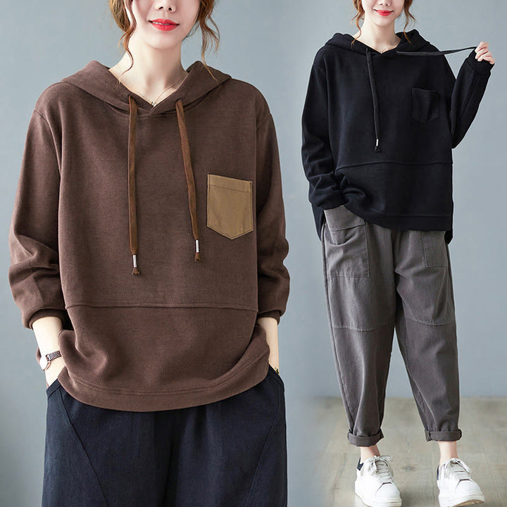 Felpa con cappuccio da donna a maniche lunghe in cotone con tasca decorativa e motivo Buddha Stones Fall Tinta unita - image 6