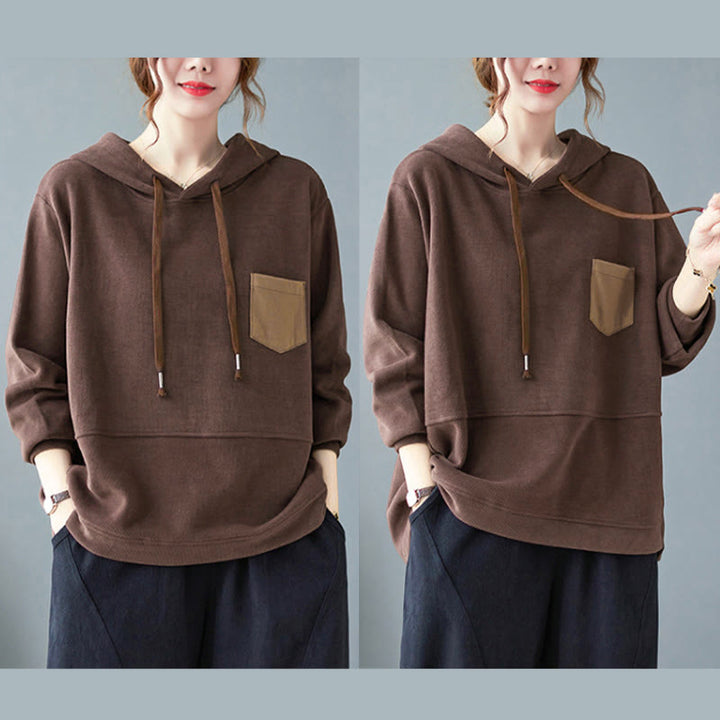 Felpa con cappuccio da donna a maniche lunghe in cotone con tasca decorativa e motivo Buddha Stones Fall Tinta unita - image 5