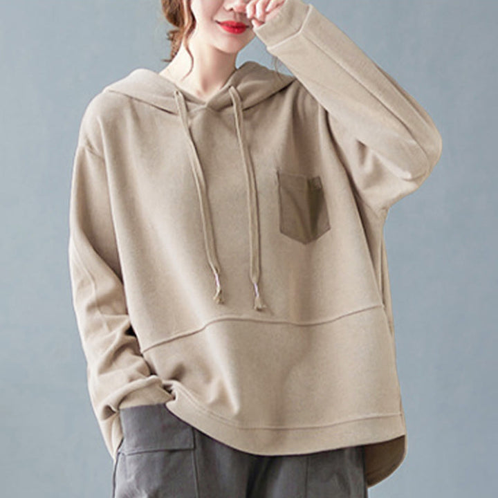 Felpa con cappuccio da donna a maniche lunghe in cotone con tasca decorativa e motivo Buddha Stones Fall Tinta unita - image 26