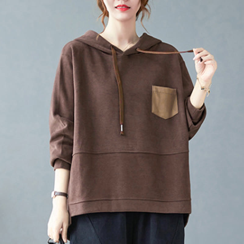 Felpa con cappuccio da donna a maniche lunghe in cotone con tasca decorativa e motivo Buddha Stones Fall Tinta unita - image 4