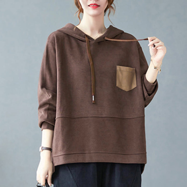 Felpa con cappuccio da donna a maniche lunghe in cotone con tasca decorativa e motivo Buddha Stones Fall Tinta unita - image 4