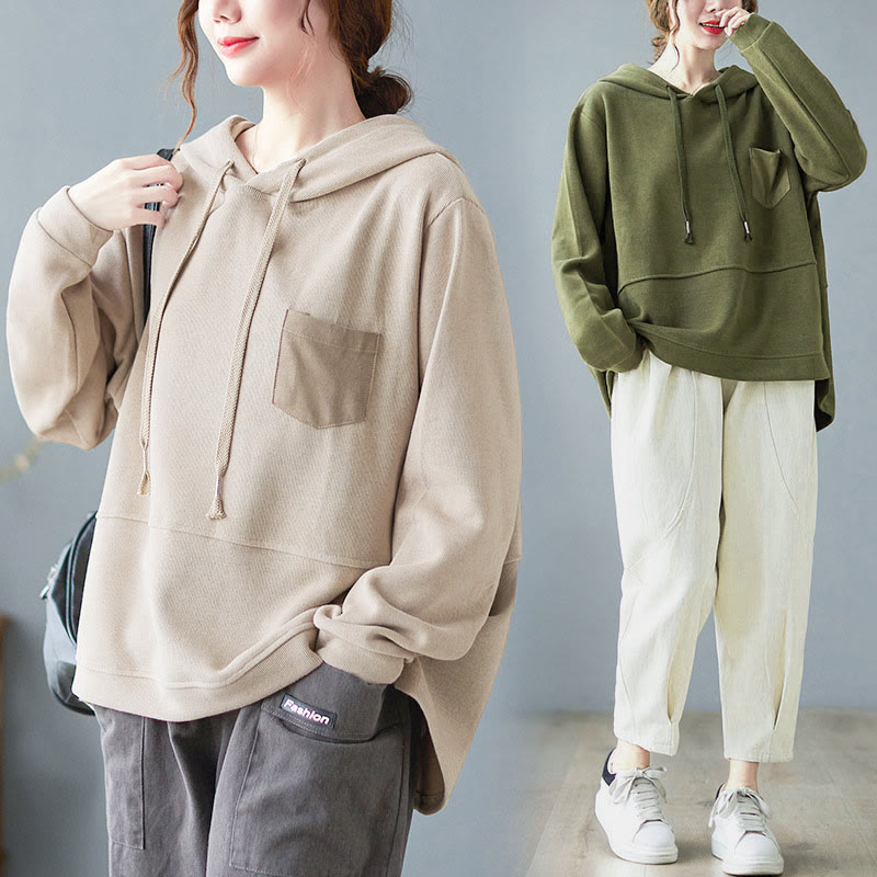 Felpa con cappuccio da donna a maniche lunghe in cotone con tasca decorativa e motivo Buddha Stones Fall Tinta unita - image 39