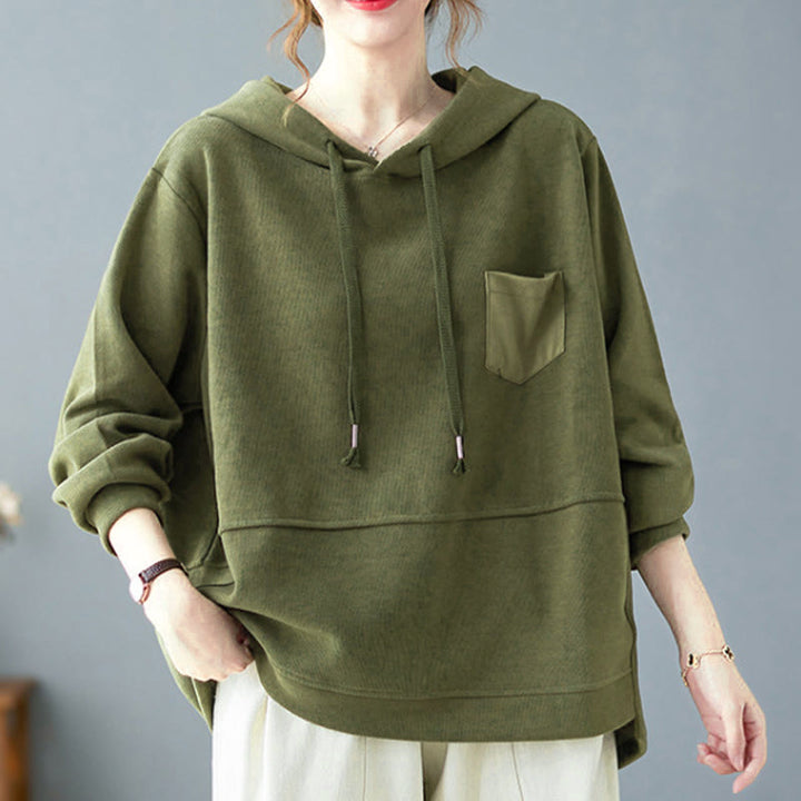 Felpa con cappuccio da donna a maniche lunghe in cotone con tasca decorativa e motivo Buddha Stones Fall Tinta unita - image 9