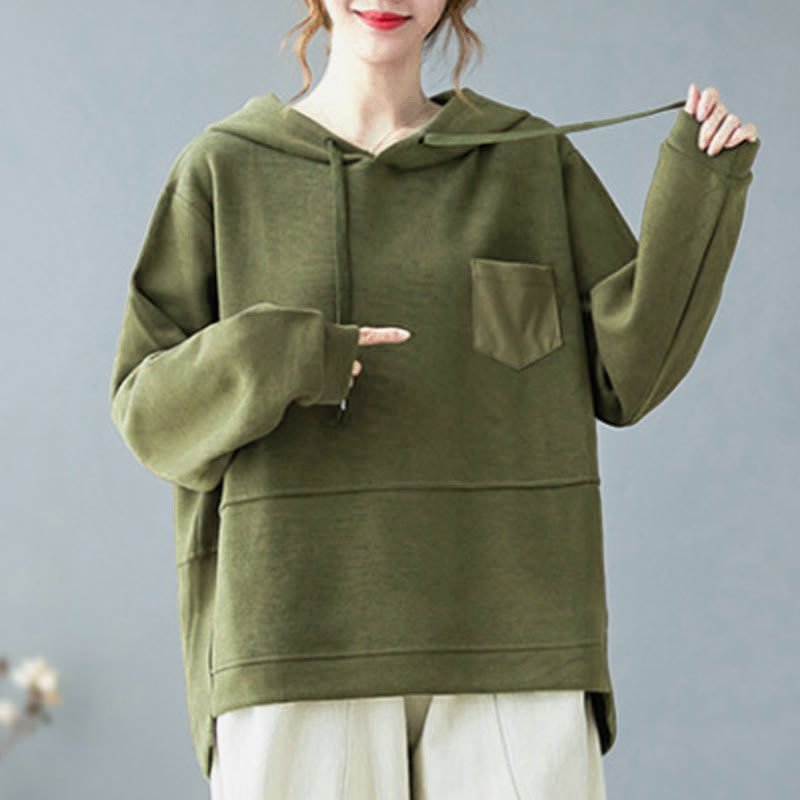 Felpa con cappuccio da donna a maniche lunghe in cotone con tasca decorativa e motivo Buddha Stones Fall Tinta unita - image 12