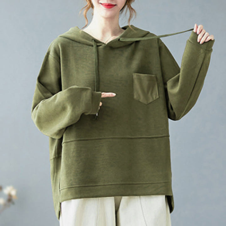 Felpa con cappuccio da donna a maniche lunghe in cotone con tasca decorativa e motivo Buddha Stones Fall Tinta unita - image 12