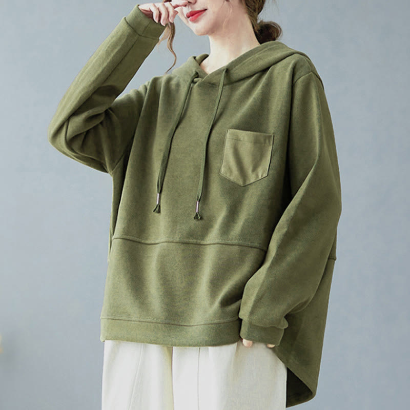 Felpa con cappuccio da donna a maniche lunghe in cotone con tasca decorativa e motivo Buddha Stones Fall Tinta unita - image 11