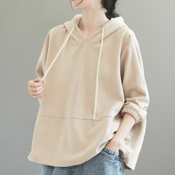 Felpa con cappuccio da donna a maniche lunghe in cotone con bottoni laterali e tinta unita Buddha Stones Fall - image 2