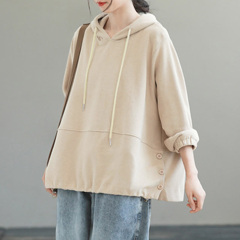 Felpa con cappuccio da donna a maniche lunghe in cotone con bottoni laterali e tinta unita Buddha Stones Fall - image 1