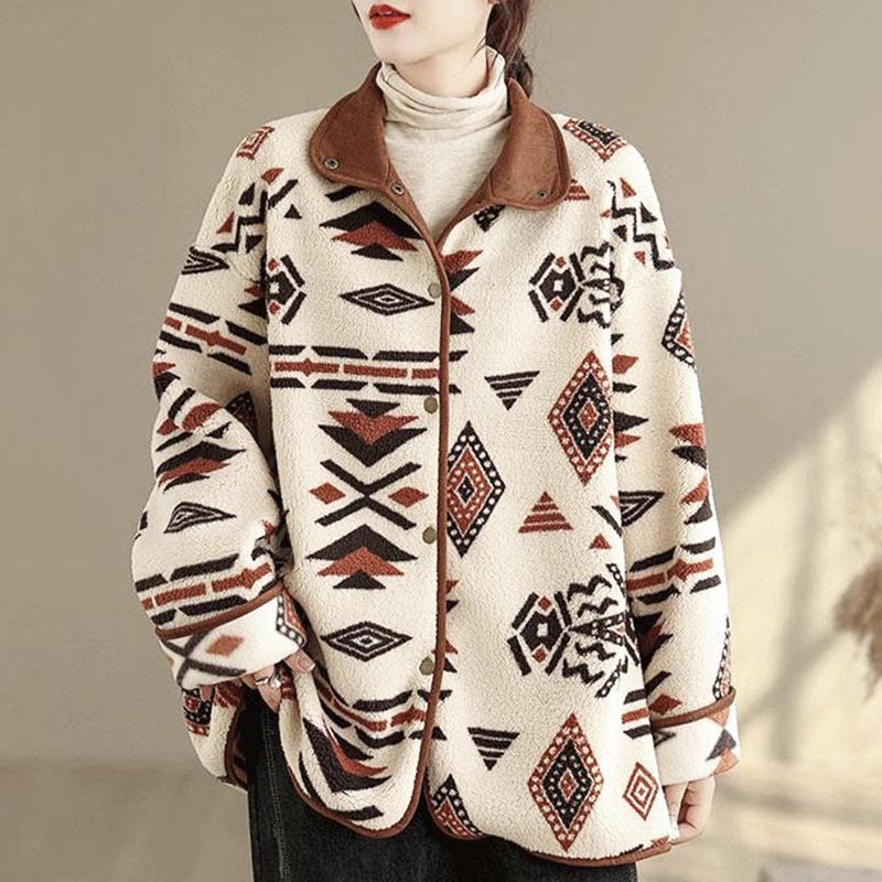 Giacca da donna in cotone a maniche lunghe con bottoni, motivo geometrico, autunno inverno, motivo Buddha Stones  - Bianco Floreale - US12, UK/AU16, EU44 (3XL) - image 0