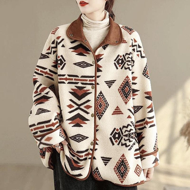 Giacca da donna in cotone a maniche lunghe con bottoni, motivo geometrico, autunno inverno, motivo Buddha Stones  - Bianco Floreale - US12, UK/AU16, EU44 (3XL) - image 0