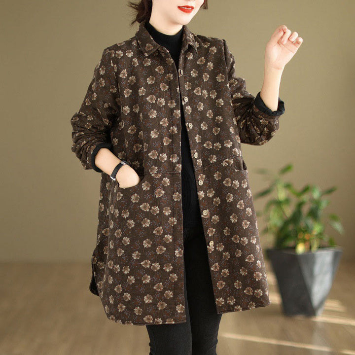 Giacca da donna in cotone a maniche lunghe con tasche, motivo floreale, bottoni autunno inverno Buddha Stones - Marrone sella - US12, UK/AU16, EU44 (3XL) - image 0