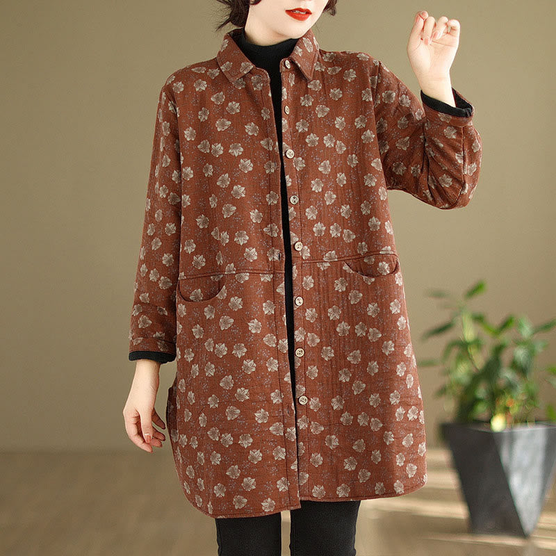 Giacca da donna in cotone a maniche lunghe con tasche, motivo floreale, bottoni autunno inverno Buddha Stones - Pomodoro - US12, UK/AU16, EU44 (3XL) - image 13