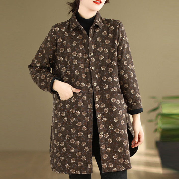 Giacca da donna in cotone a maniche lunghe con tasche, motivo floreale, bottoni autunno inverno Buddha Stones - image 1
