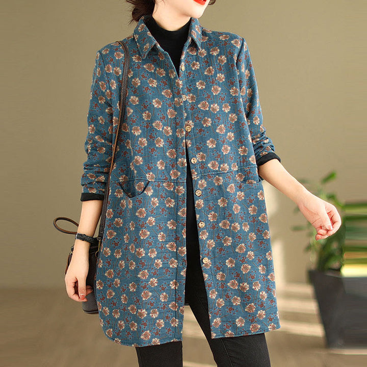 Giacca da donna in cotone a maniche lunghe con tasche, motivo floreale, bottoni autunno inverno Buddha Stones - SteelBlue - US12, UK/AU16, EU44 (3XL) - image 4
