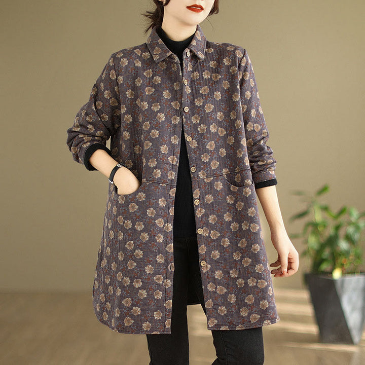 Giacca da donna in cotone a maniche lunghe con tasche, motivo floreale, bottoni autunno inverno Buddha Stones - Viola medio - US12, UK/AU16, EU44 (3XL) - image 8