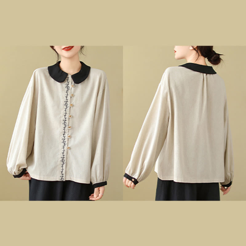 Camicia da donna in cotone con colletto alla Peter Pan, maniche lunghe, ricamo primaverile con Buddha Stones - image 6