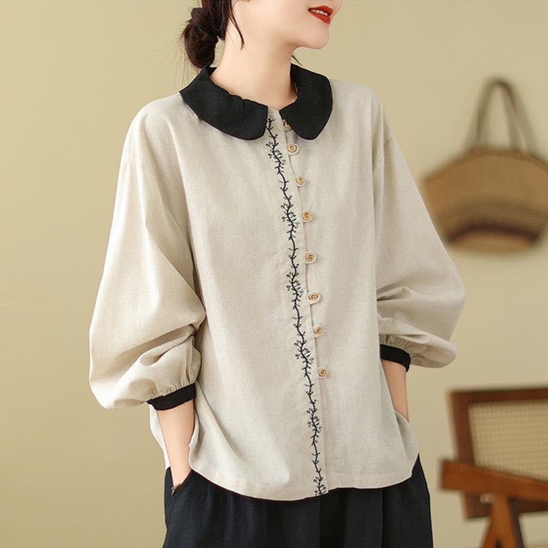 Camicia da donna in cotone con colletto alla Peter Pan, maniche lunghe, ricamo primaverile con Buddha Stones - Beige - US8-10, UK/AU12-14, EU40-42 (2XL) - image 0