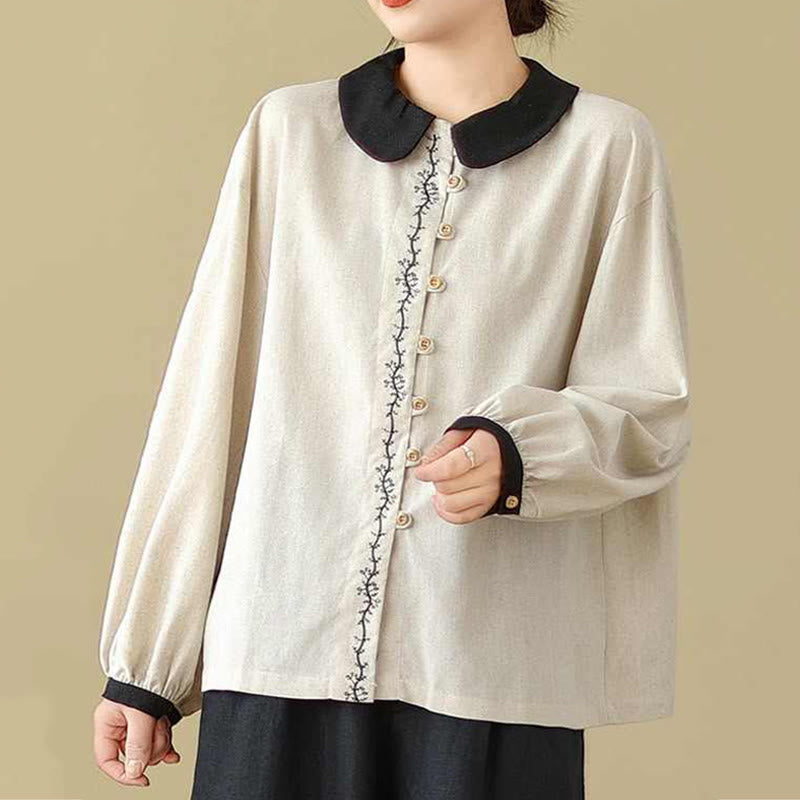 Camicia da donna in cotone con colletto alla Peter Pan, maniche lunghe, ricamo primaverile con Buddha Stones - image 3