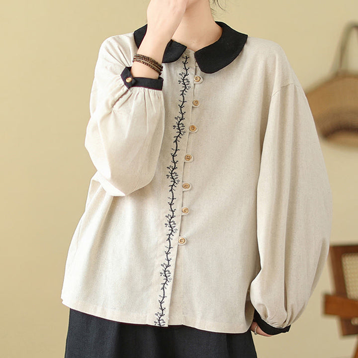 Camicia da donna in cotone con colletto alla Peter Pan, maniche lunghe, ricamo primaverile con Buddha Stones - image 1