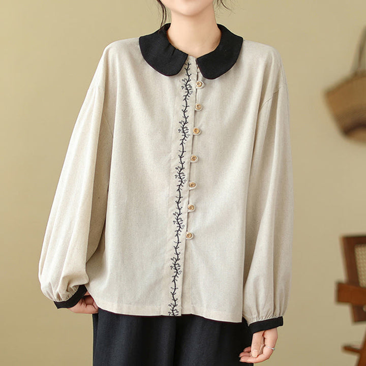 Camicia da donna in cotone con colletto alla Peter Pan, maniche lunghe, ricamo primaverile con Buddha Stones - image 4