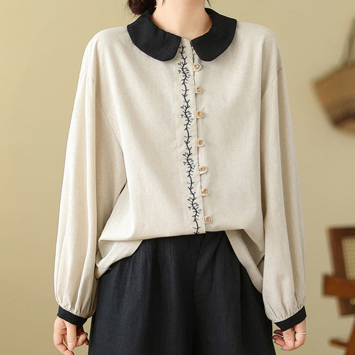 Camicia da donna in cotone con colletto alla Peter Pan, maniche lunghe, ricamo primaverile con Buddha Stones - image 5