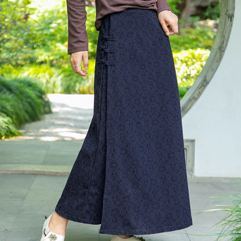 Gonna in velluto a coste con tasche e bottoni a rana, motivo floreale, autunno inverno , Buddha Stones - image 0