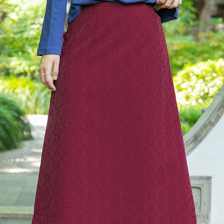 Gonna in velluto a coste con tasche e bottoni a rana, motivo floreale, autunno inverno , Buddha Stones - image 9