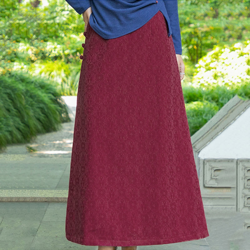 Gonna in velluto a coste con tasche e bottoni a rana, motivo floreale, autunno inverno , Buddha Stones - image 6