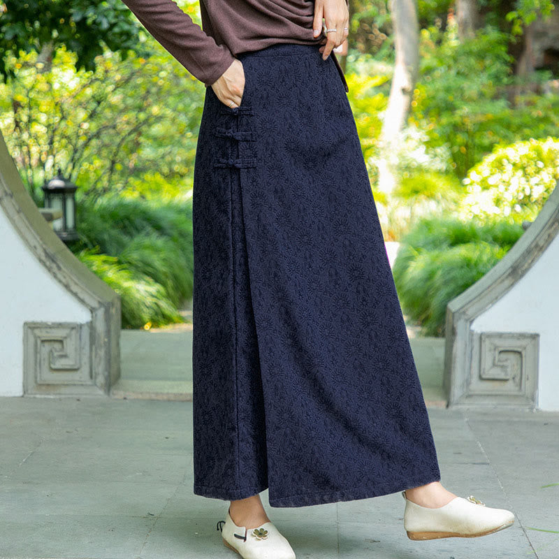 Gonna in velluto a coste con tasche e bottoni a rana, motivo floreale, autunno inverno , Buddha Stones - image 2