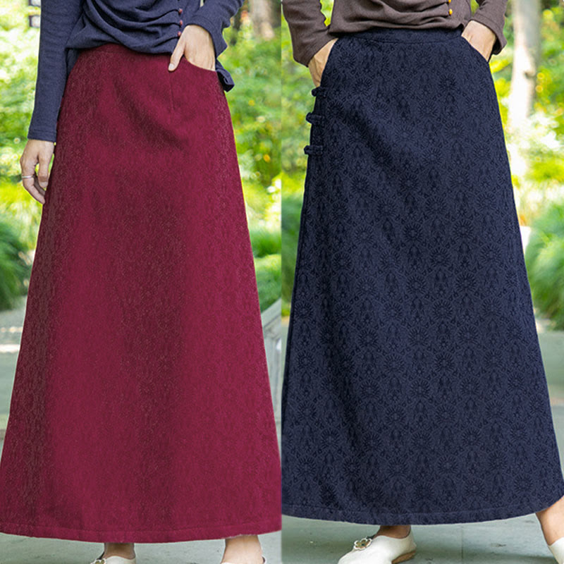 Gonna in velluto a coste con tasche e bottoni a rana, motivo floreale, autunno inverno , Buddha Stones - image 13