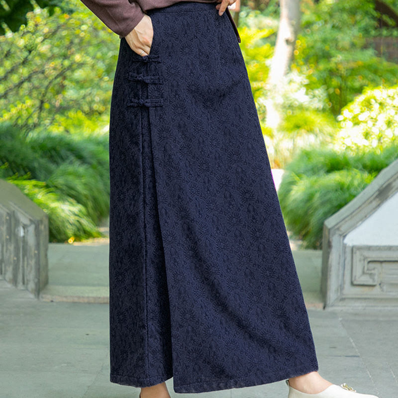 Gonna in velluto a coste con tasche e bottoni a rana, motivo floreale, autunno inverno , Buddha Stones - image 1