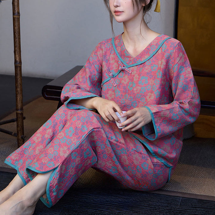 Set pigiama in cotone con scollo rotondo, manica lunga, pantaloni e camicia con bottoni a rana, motivo floreale, 2 pezzi , Buddha Stones  - image 5