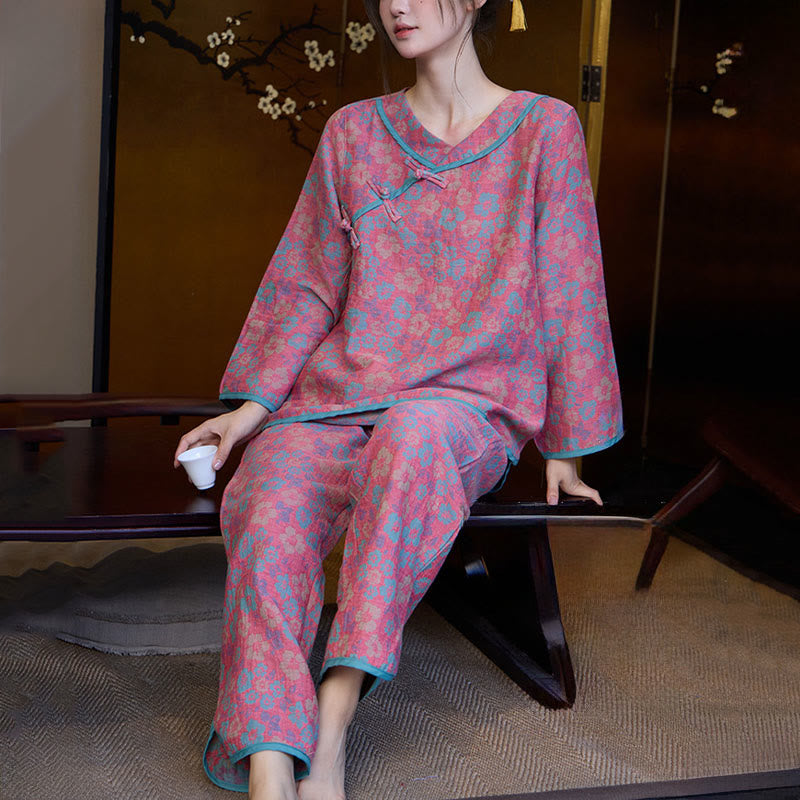 Set pigiama in cotone con scollo rotondo, manica lunga, pantaloni e camicia con bottoni a rana, motivo floreale, 2 pezzi , Buddha Stones  - image 2