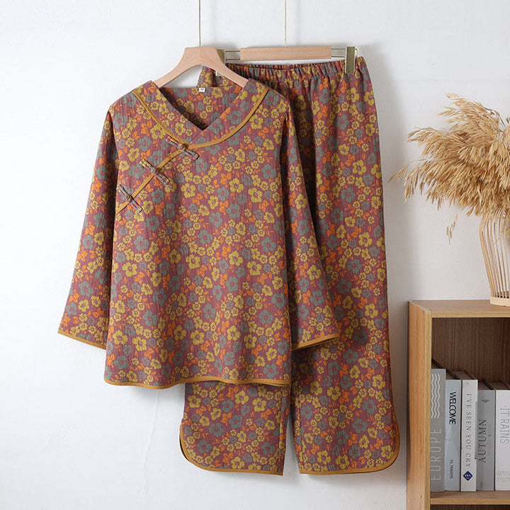 Set pigiama in cotone con scollo rotondo, manica lunga, pantaloni e camicia con bottoni a rana, motivo floreale, 2 pezzi , Buddha Stones  - Verga d'oro - US6, UK/AU10, EU38 (XL) - image 11