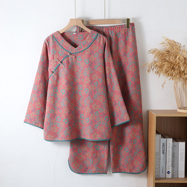 Set pigiama in cotone con scollo rotondo, manica lunga, pantaloni e camicia con bottoni a rana, motivo floreale, 2 pezzi , Buddha Stones  - Corallo chiaro - US6, UK/AU10, EU38 (XL) - image 1