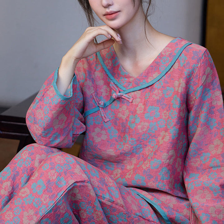 Set pigiama in cotone con scollo rotondo, manica lunga, pantaloni e camicia con bottoni a rana, motivo floreale, 2 pezzi , Buddha Stones  - image 3