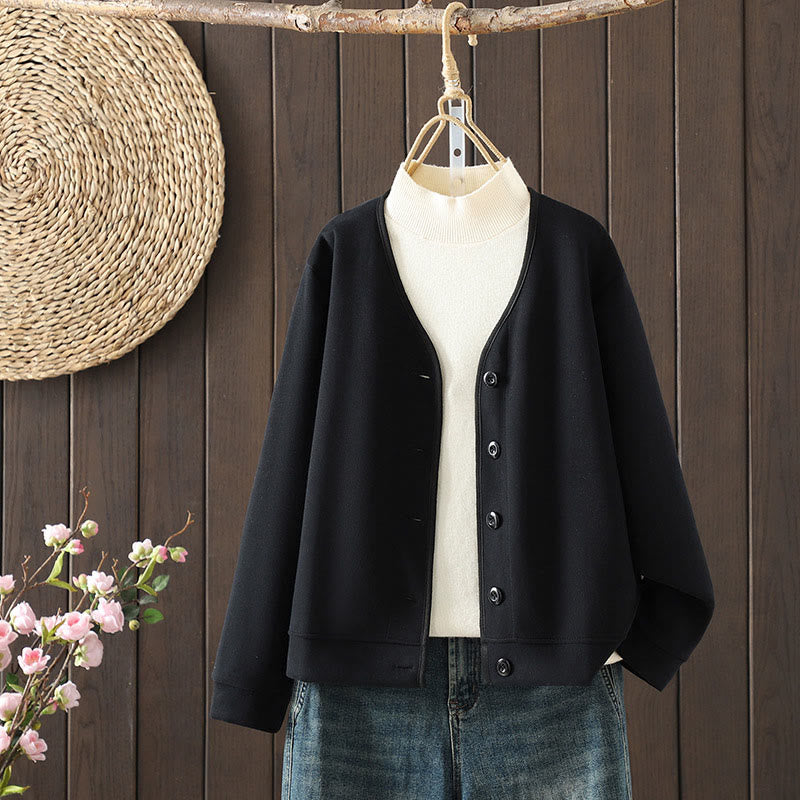 Giacca da donna in cotone a maniche lunghe con scollo a V e bottoni, semplice e semplice, Buddha Stones - Nero - US8-10, UK/AU12-14, EU40-42 (2XL) - image 1