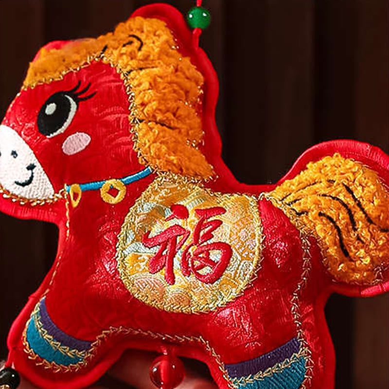 Ricamo Buddha Stones, anno del cavallo, carattere Fu, forma di moneta di rame, decorazione da appendere con filo rosso - image 2