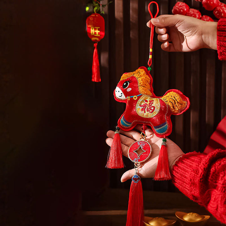 Ricamo Buddha Stones, anno del cavallo, carattere Fu, forma di moneta di rame, decorazione da appendere con filo rosso - image 1