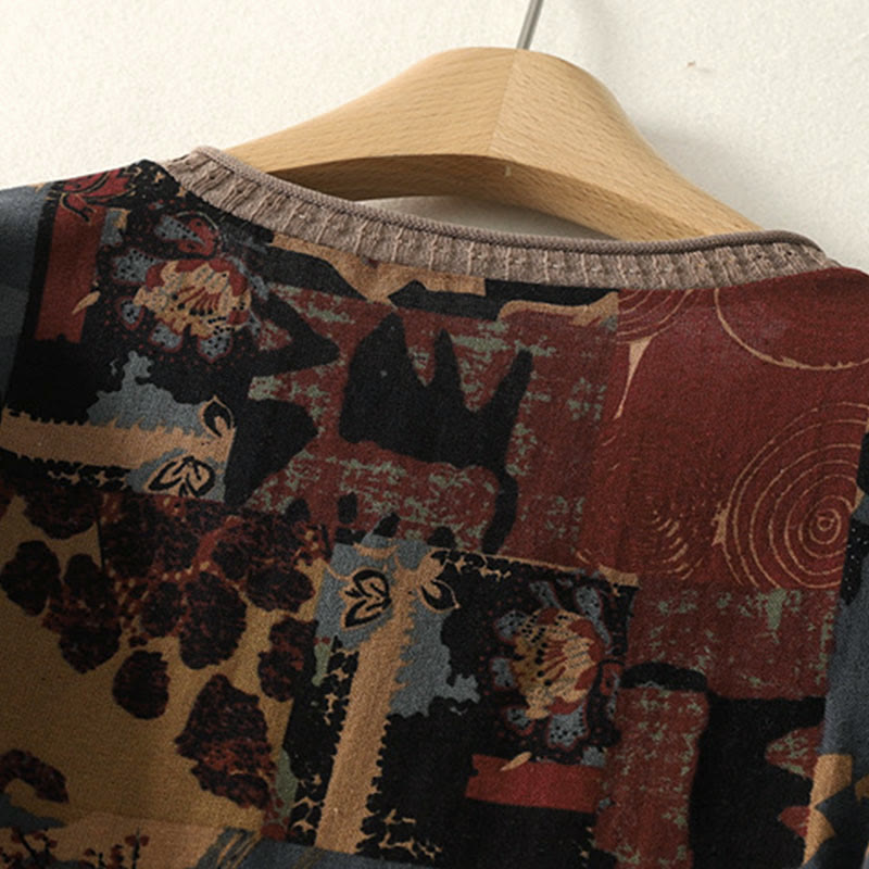 Maglietta da donna a maniche lunghe con scollo a V, patchwork geometrico autunnale Buddha Stones e tasche - image 3