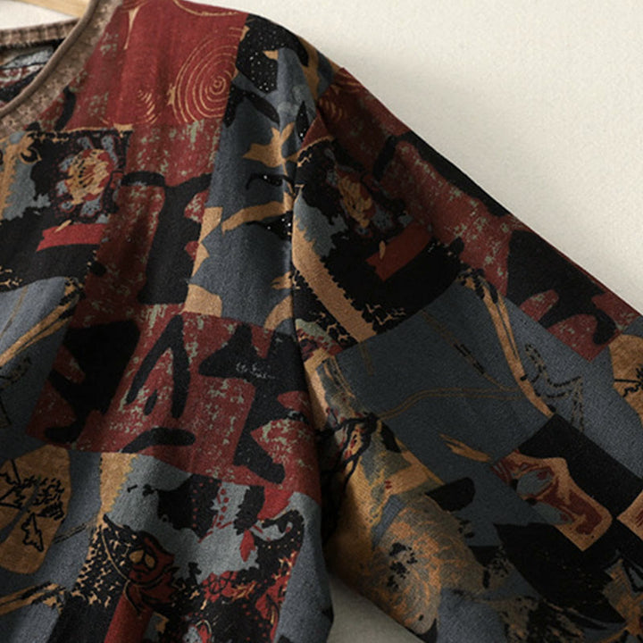 Maglietta da donna a maniche lunghe con scollo a V, patchwork geometrico autunnale Buddha Stones e tasche - image 4