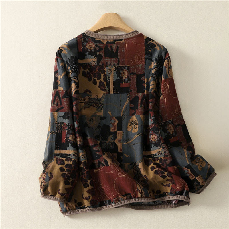 Maglietta da donna a maniche lunghe con scollo a V, patchwork geometrico autunnale Buddha Stones e tasche - image 1