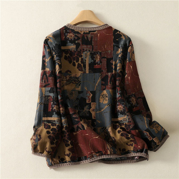 Maglietta da donna a maniche lunghe con scollo a V, patchwork geometrico autunnale Buddha Stones e tasche - image 1