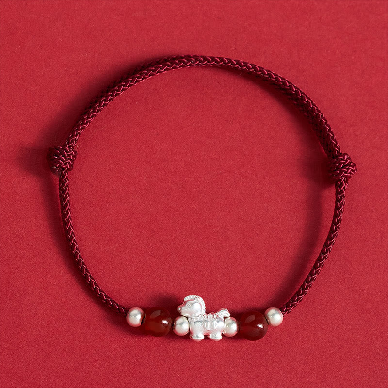 Braccialetto con cordino della prosperità dell'anno del cavallo in argento sterling 999 con agata rossa e Buddha Stones - Corda rosso scuro (circonferenza polso: 14-21 cm) - image 9