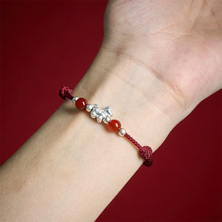 Braccialetto con cordino della prosperità dell'anno del cavallo in argento sterling 999 con agata rossa e Buddha Stones - image 3